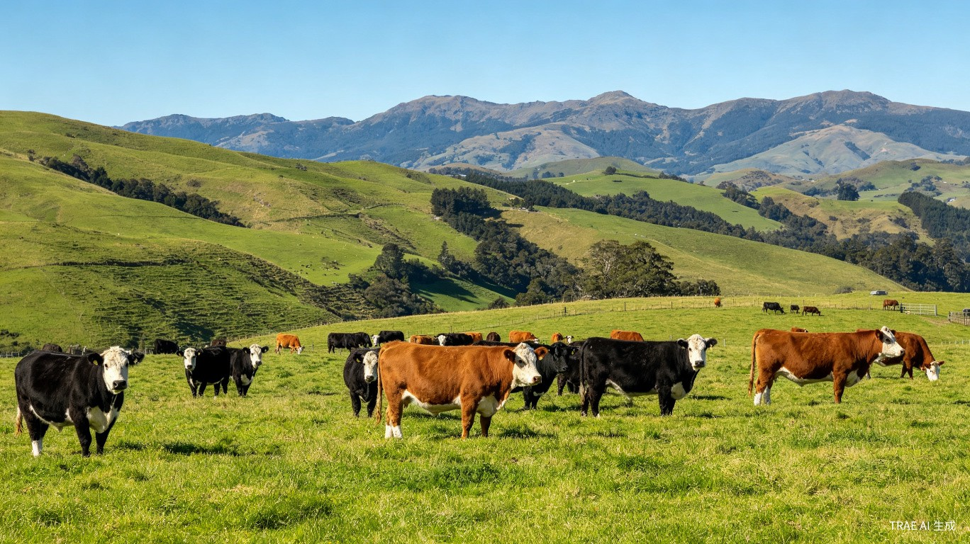 New Zealand beef cattle grazing on green pasture with mountains in background
