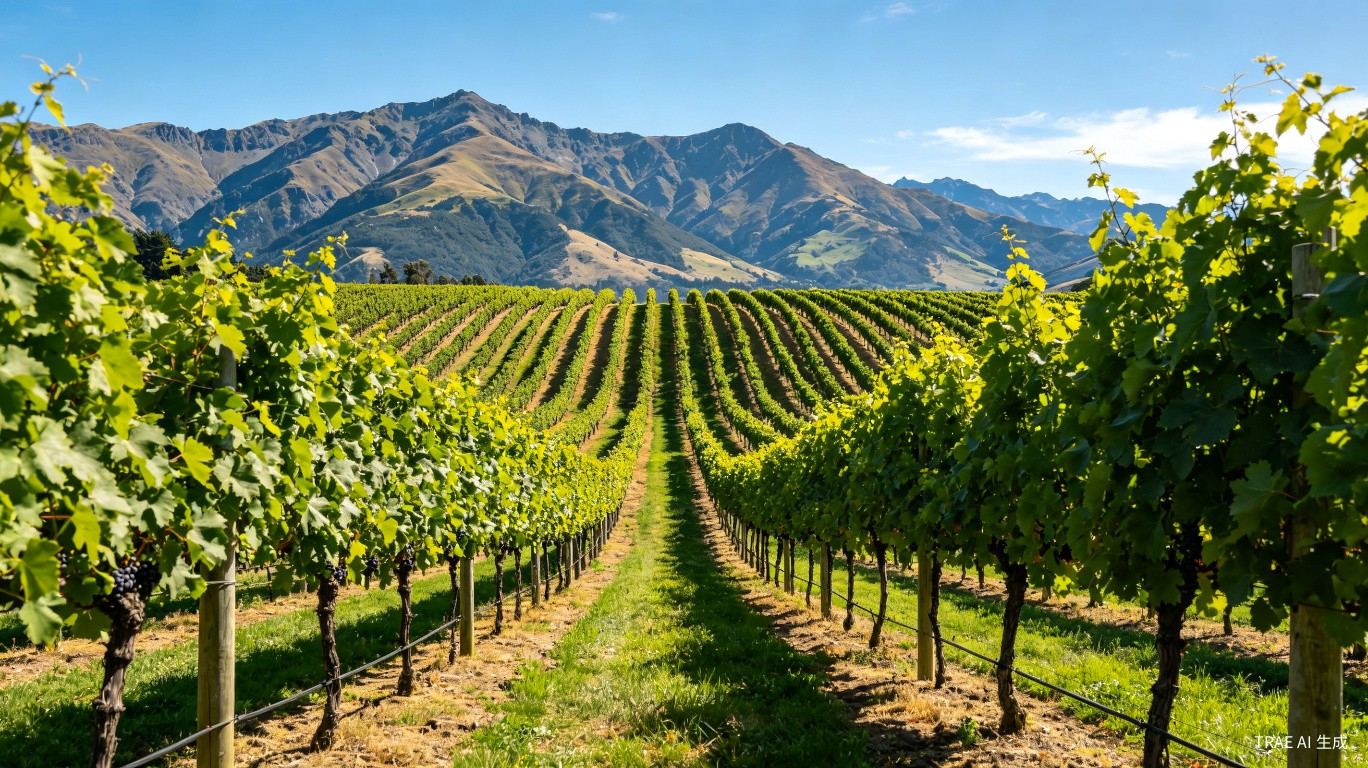 New Zealand Marlborough vineyard rows with grapes growing under blue sky