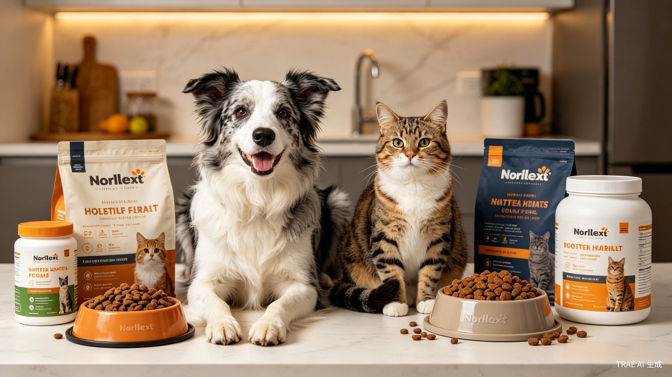 Healthy pet dog and cat with premium pet food and nutrition products