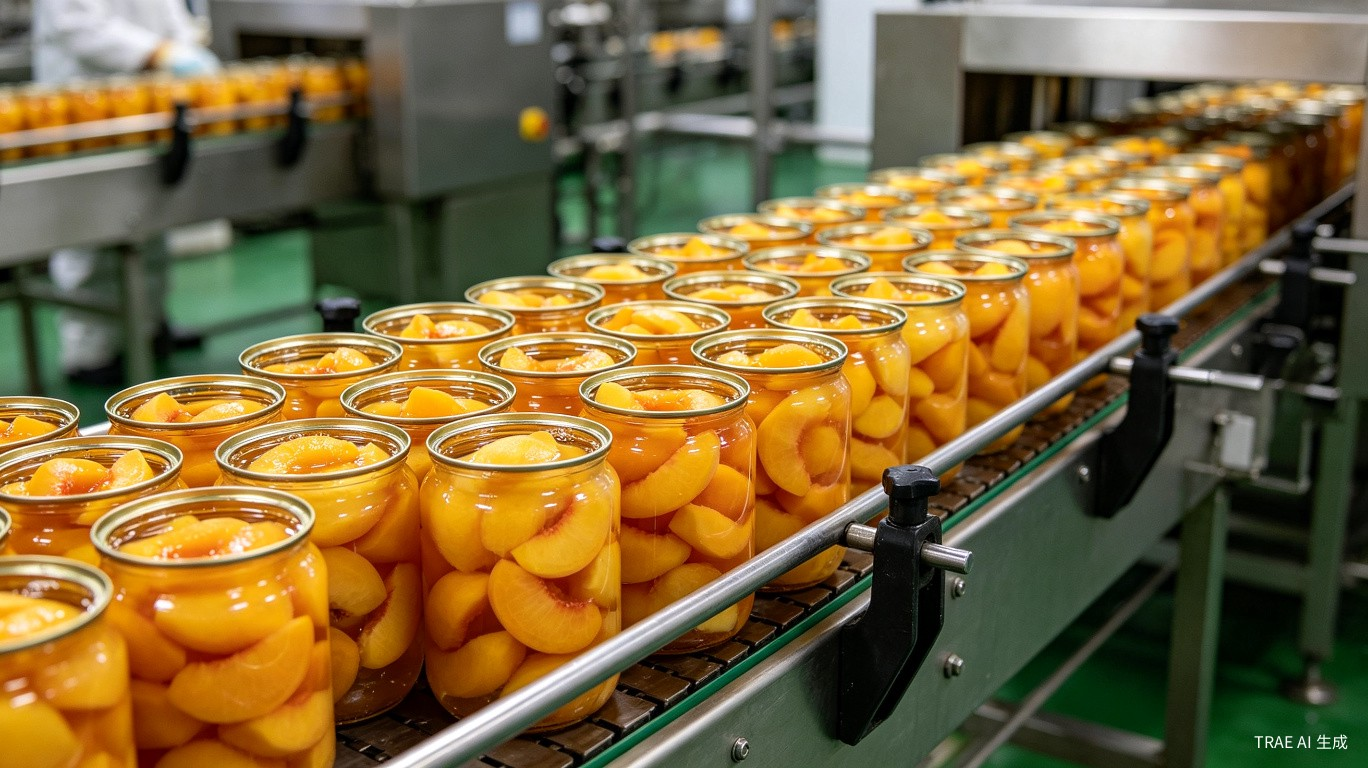 Canned fruit peaches in a food processing facility
