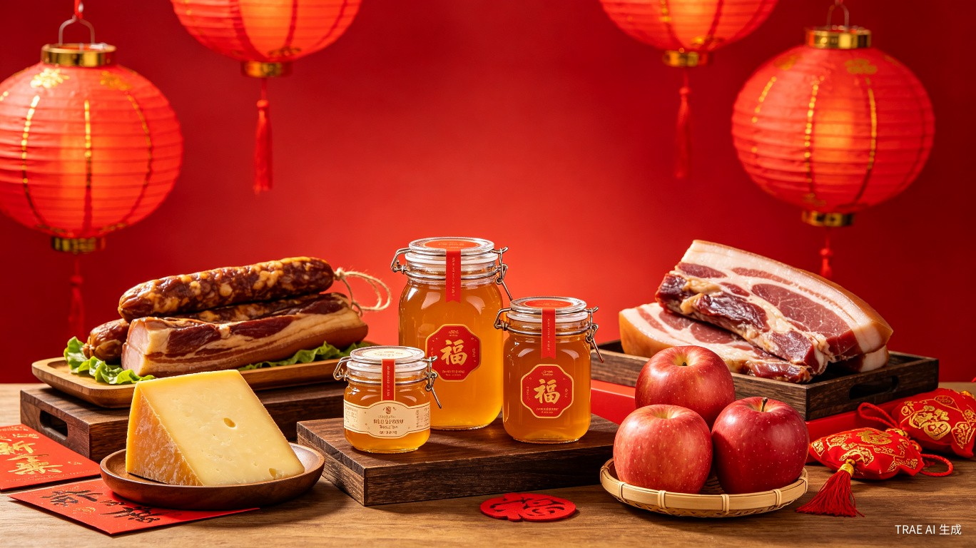 Chinese New Year celebration with traditional food gifts including honey, cheese and fruit