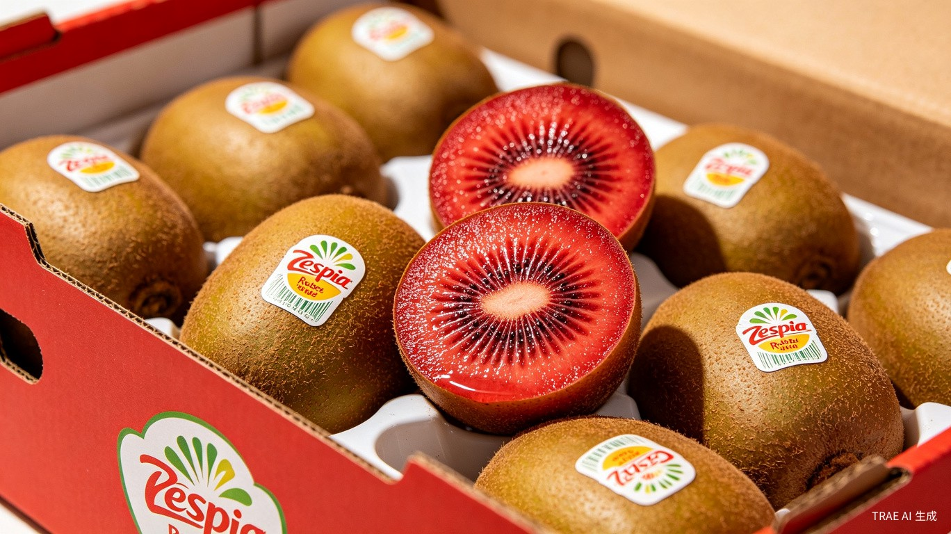 Fresh RubyRed Zespri kiwifruit with vibrant red color in modern packaging
