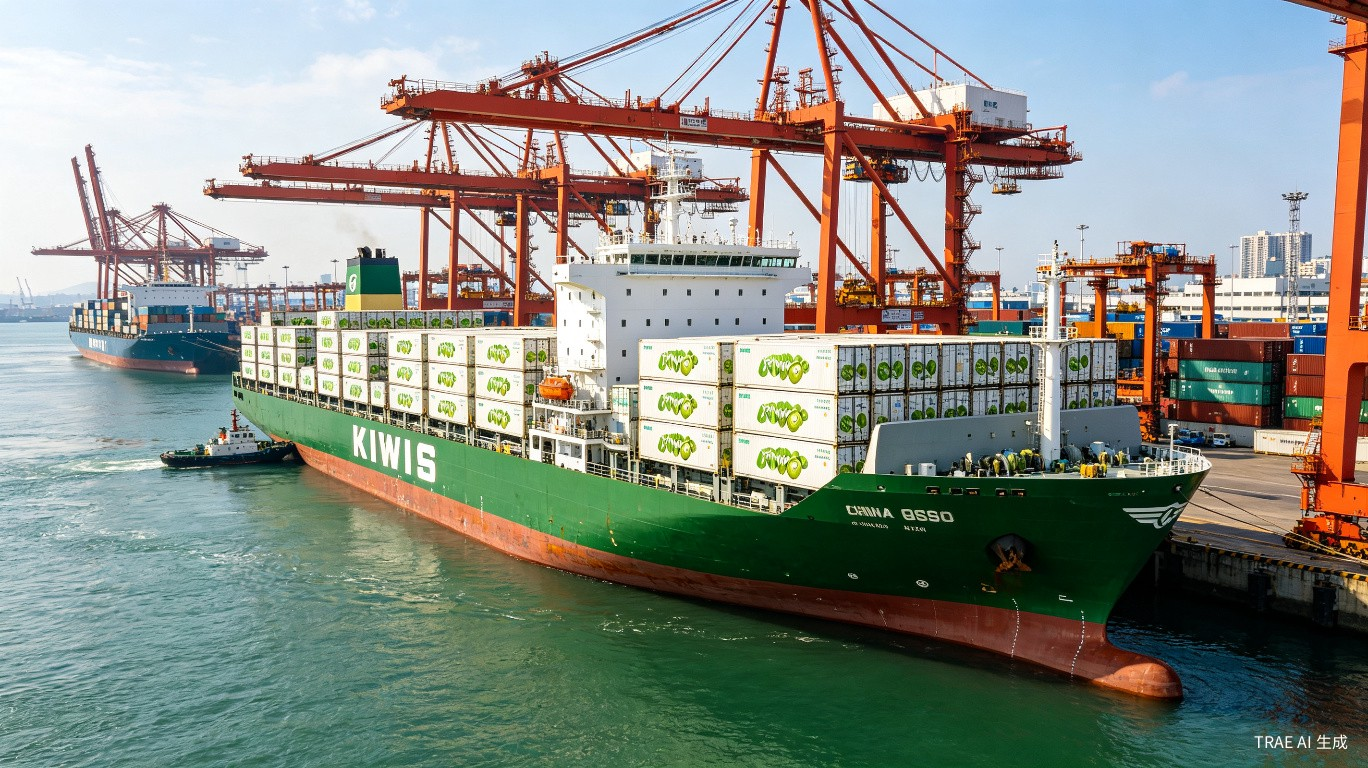 Refrigerated cargo ship loaded with Zespri kiwifruit arriving at Shanghai port with smart customs clearance