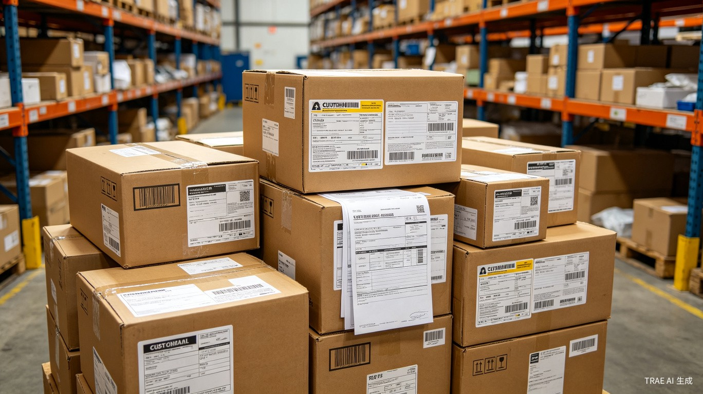 International shipping parcels with customs labels and low-value goods fee documentation at New Zealand border