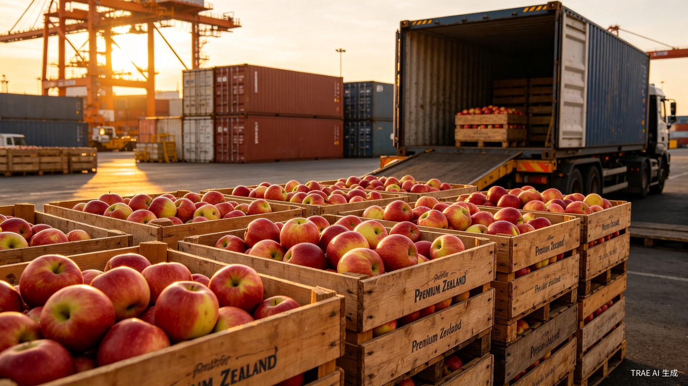 Fresh New Zealand Envy apples in crates being unloaded at Shanghai Yangshan port from refrigerated containers