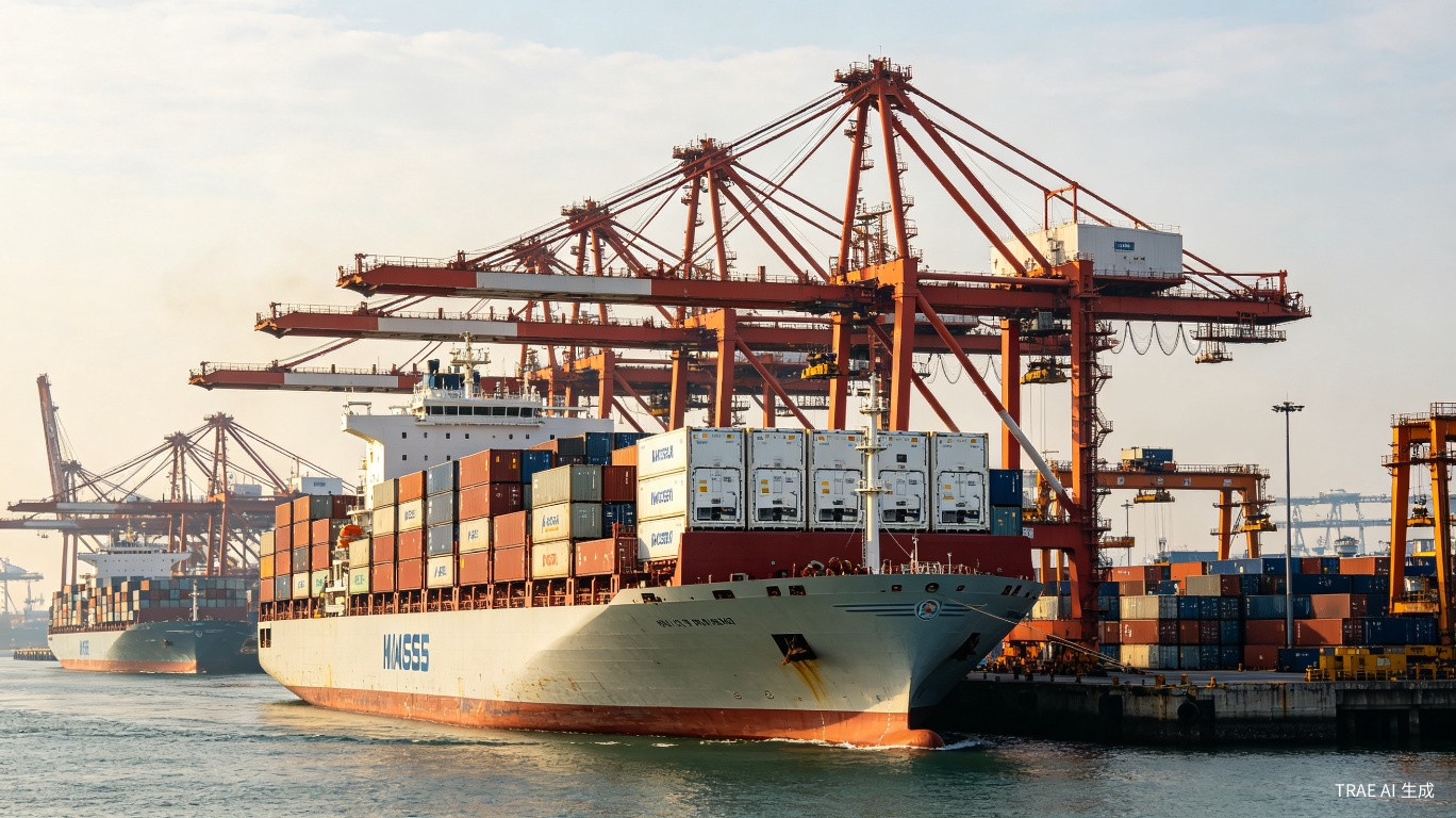 Refrigerated cargo ship with kiwifruit containers arriving at Chinese port