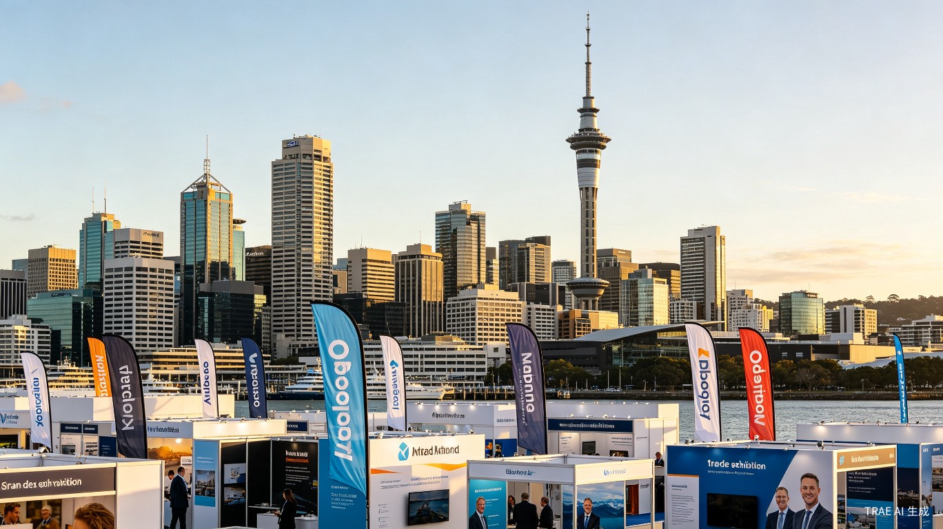 Auckland city skyline with trade exhibition displays